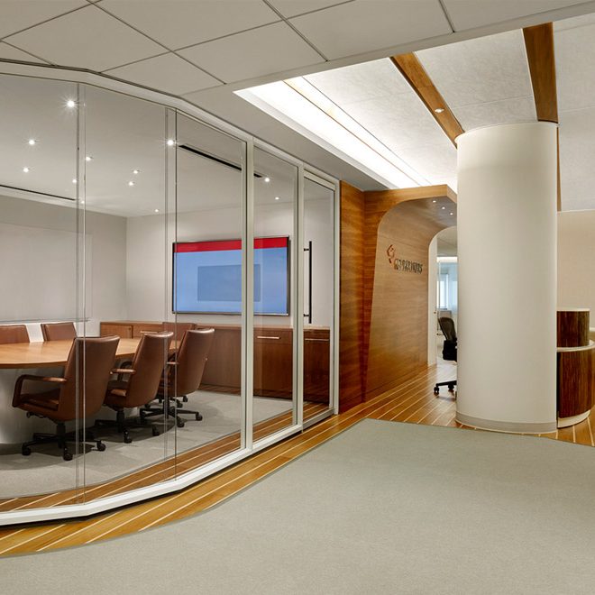 glass-walled conference room in office renovation | Rossi Builders Photos